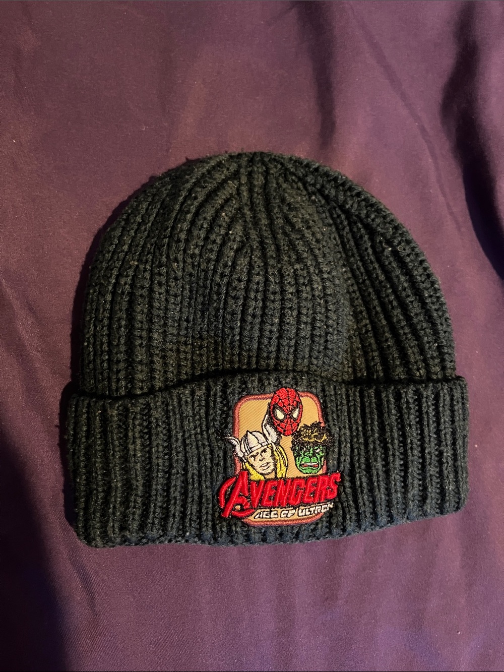 Zara Black Rib-Knit Kids Beanie with Avengers Patch (Red Accent)